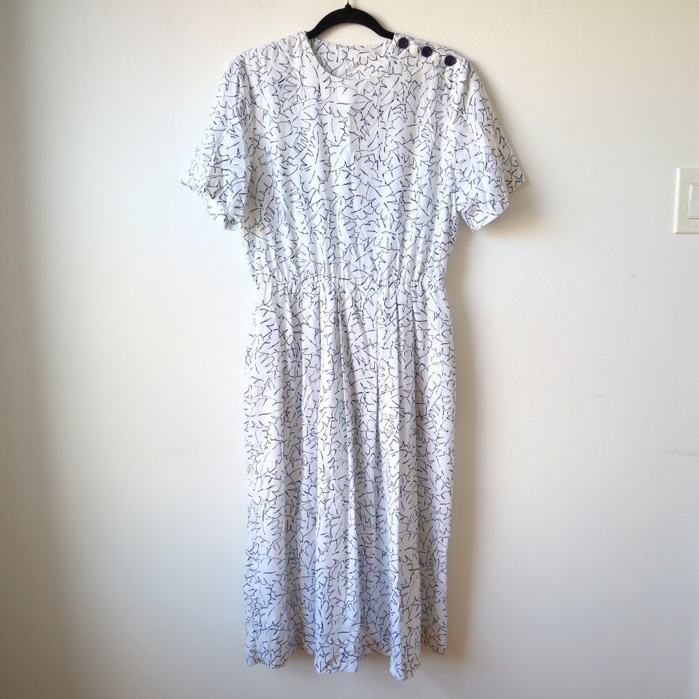 Vintage Southern Lady Botanical Print White and Blue Midi Dress
